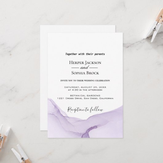 Faire-part de mariage violet à l'aquarelle moderne (Devant/Arrière en situation)
