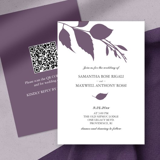 Faire-part de mariage violet avec code QR