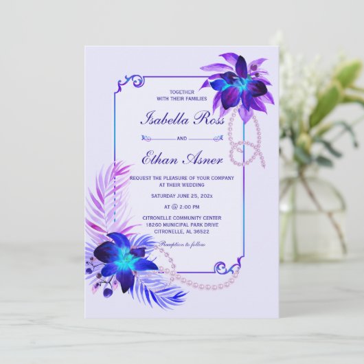 Faire-part de mariage violet bleu turquoise orchid (Debout devant)