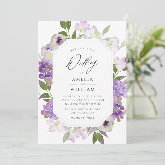 faire-part de mariage violet de script moderne (Debout devant)