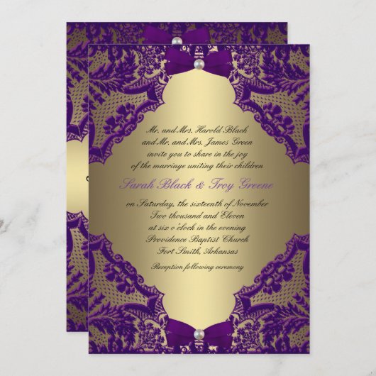 Faire-part de mariage violet et or (Devant / Derrière)