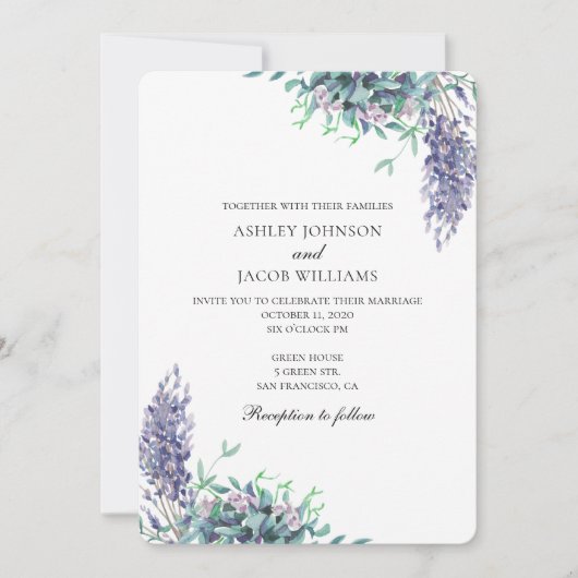 Faire-part de mariage violet et sarcelle. Fleurs d (Devant)