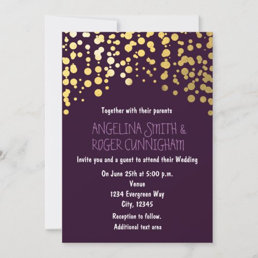 Faire-part de mariage violet foncé avec confettis (Devant)