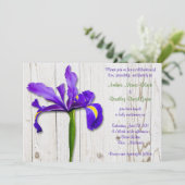 Faire-part de mariage violet Iris blanchis en bois (Debout devant)