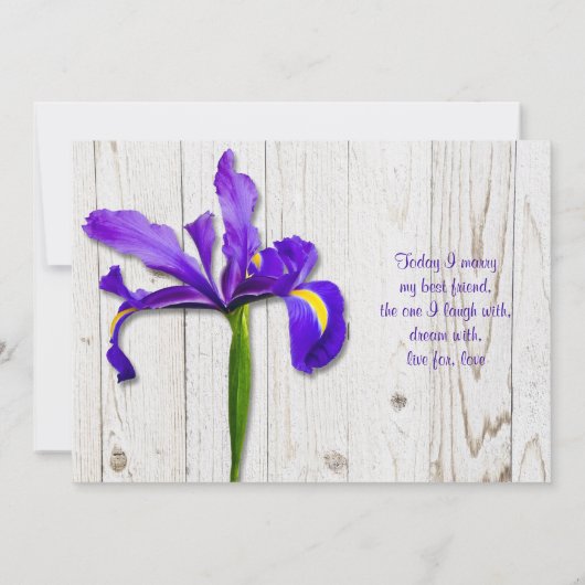 Faire-part de mariage violet Iris blanchis en bois (Dos)
