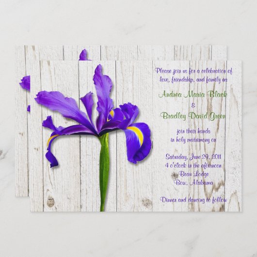 Faire-part de mariage violet Iris blanchis en bois (Devant / Derrière)