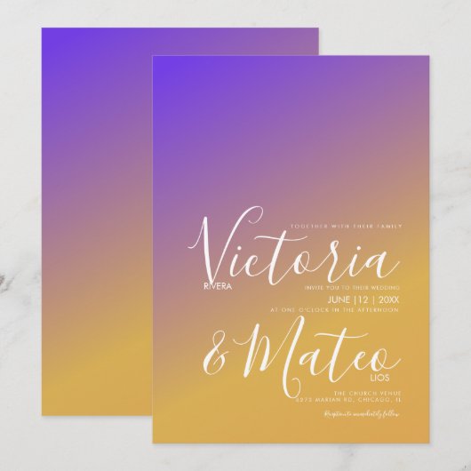 Faire-part de mariage violet jaune ombré (Devant / Derrière)