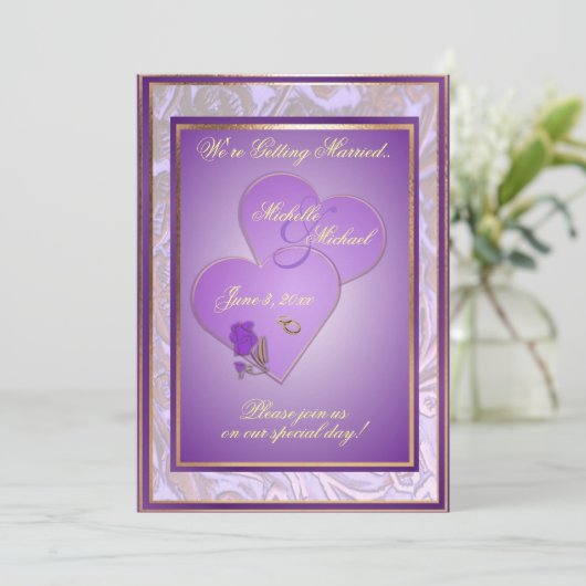 Faire-part de mariage violet orné personnalisable (Debout devant)