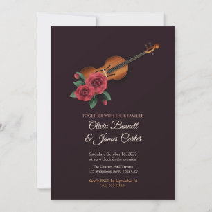 Faire-Part de Mariage Violon Peint et Roses Rouges