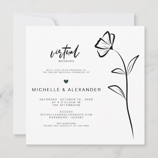 Faire-part de mariage virtuel Floral Blanc Noir (Devant)