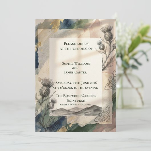 Faire-part de mariage Watercolor Thistle & Celtic (Debout devant)