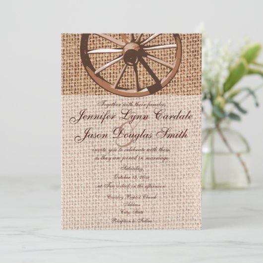 Faire-part de mariage Western Wagon Wheel Burlap (Debout devant)