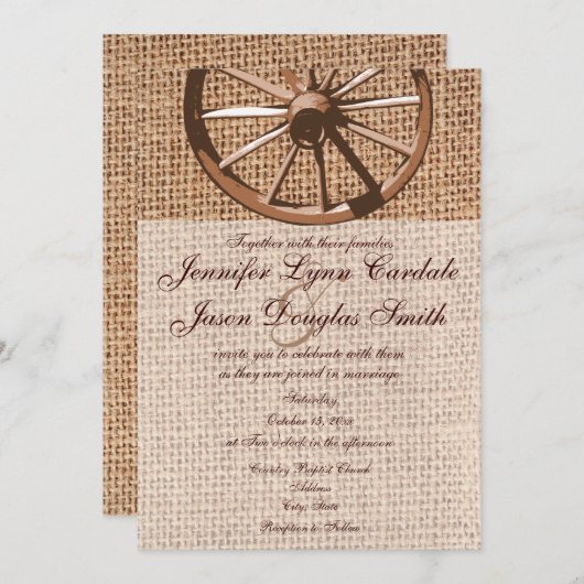 Faire-part de mariage Western Wagon Wheel Burlap (Devant / Derrière)