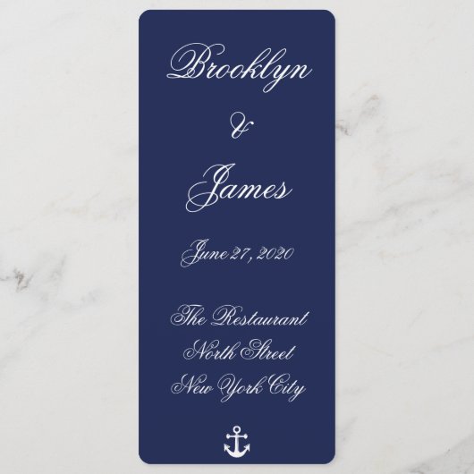 Faire-part de menu de mariage nautique bleu marine (Dos)