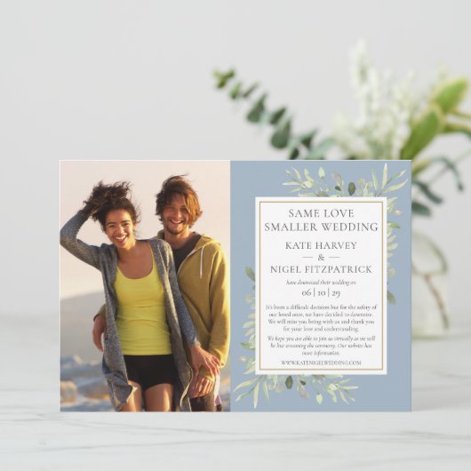 Faire-part de micro-mariage downsized bleu poussié (Debout devant)