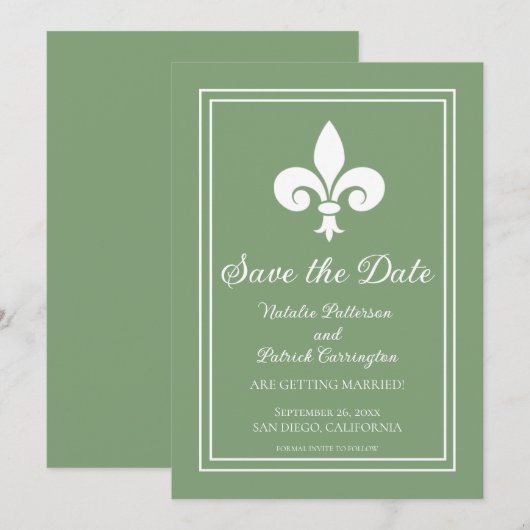 Faire-part de mise en garde Fleur de Lis Vert Mous (Devant / Derrière)