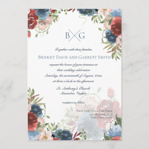 Faire-part de monogramme floral de couleur Bourgog