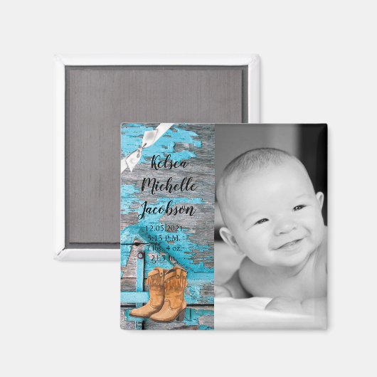 faire-part de naissance 2"x2" Magnet Blue Wood Gra (Recto/Verso)