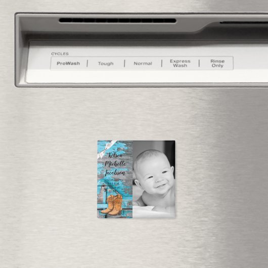 faire-part de naissance 2"x2" Magnet Blue Wood Gra (In Situ (Lave-vaisselle))