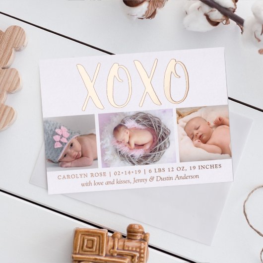 Faire-part de naissance 3 photos (XOXO) avec câlin