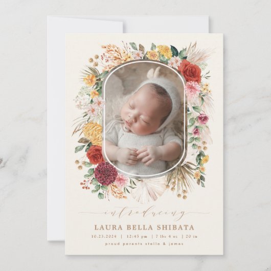 Faire-part de naissance à fleurs de Boho Tropical (Devant)