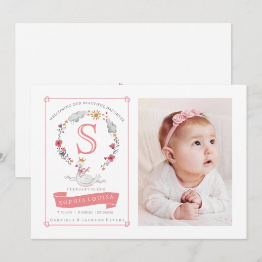 Faire-part de naissance à fleurs de cygne princess (Devant / Derrière)