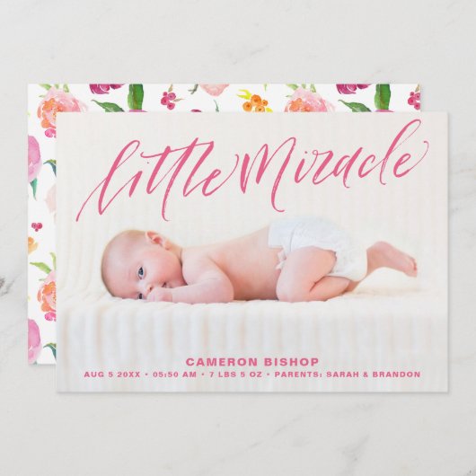 Faire-part de naissance à la main rose (Devant / Derrière)