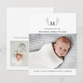 Faire-part de naissance à monogramme avec verdure  (Devant / Derrière)