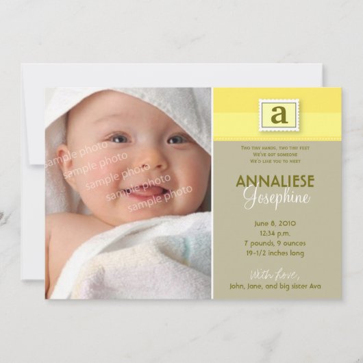 Faire-part de naissance à monogramme timbré :: jau (Devant)