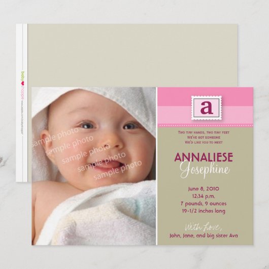 Faire-part de naissance à monogramme timbré :: ros (Devant / Derrière)