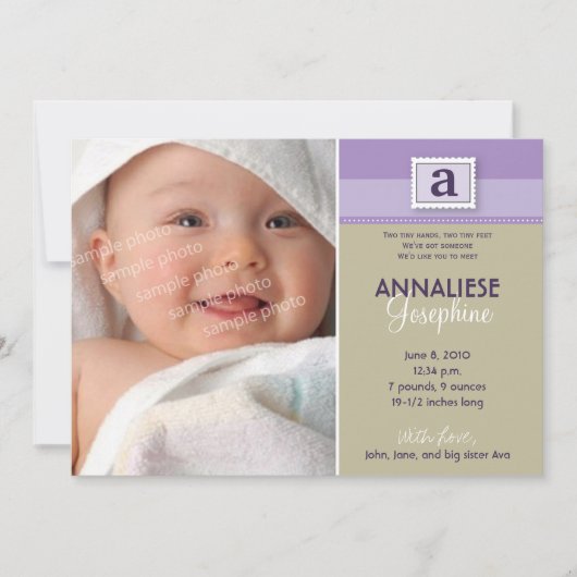 Faire-part de naissance à monogramme timbré :: vio (Devant)