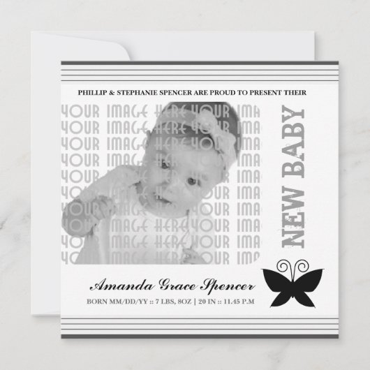 Faire-part de naissance à papillon noir (Devant)