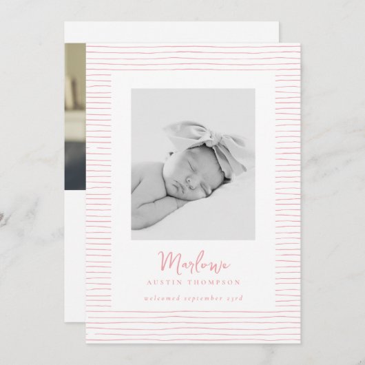 Faire-part de naissance à rayures roses à main cla (Devant / Derrière)