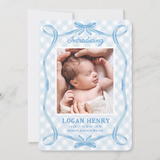 Faire-part de naissance à ruban En vichy bleu doux (Devant)