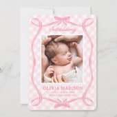 Faire-part de naissance à ruban En vichy rose doux (Devant)