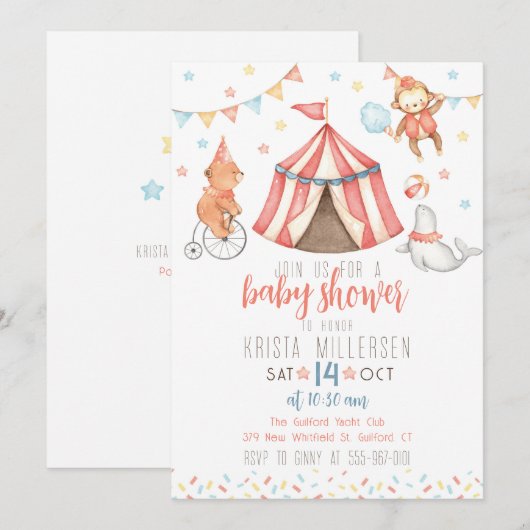 Faire-part de naissance animaux de cirque pour béb (Devant / Derrière)