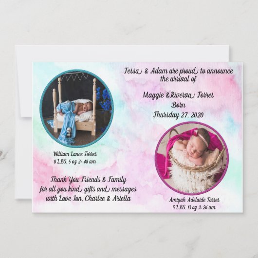 Faire-part de naissance Aquarelle Twins (Devant)