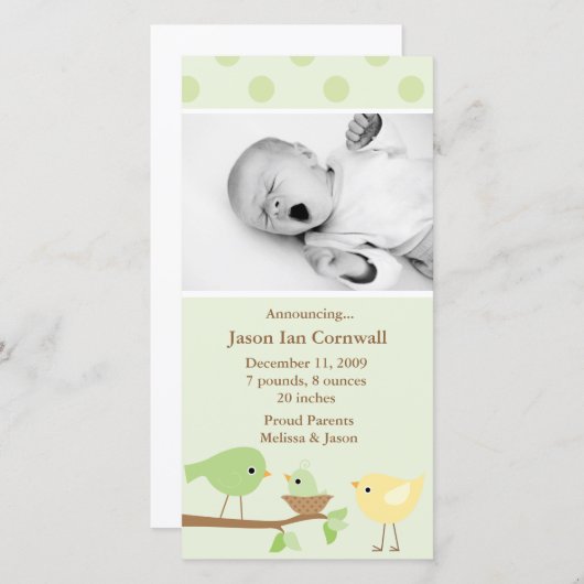 Faire-part de naissance aux oiseaux verts (Devant / Derrière)