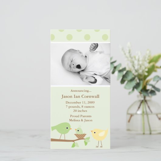 Faire-part de naissance aux oiseaux verts (Debout devant)