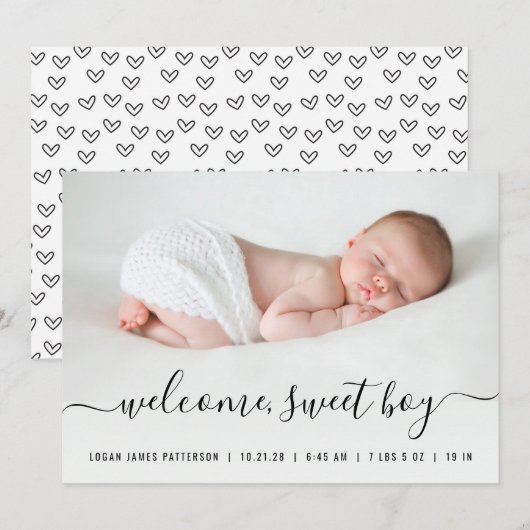 Faire-part de naissance avec coeurs et photo de bé (Devant / Derrière)