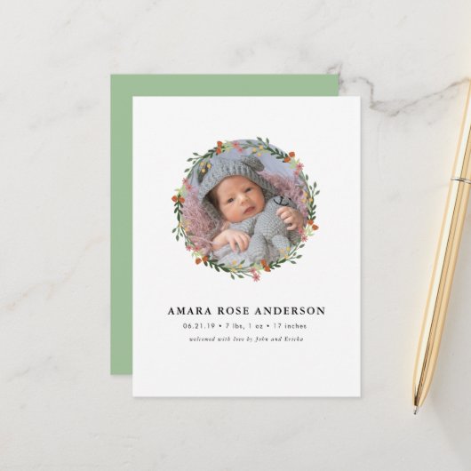 Faire-part de naissance avec couronne florale mode (Devant/Arrière en situation)