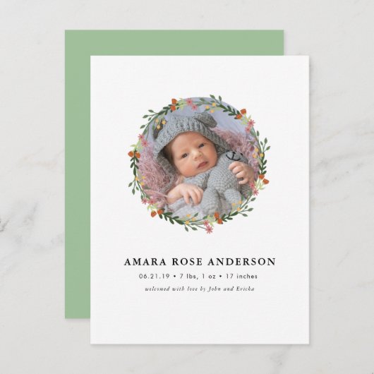 Faire-part de naissance avec couronne florale mode (Devant / Derrière)