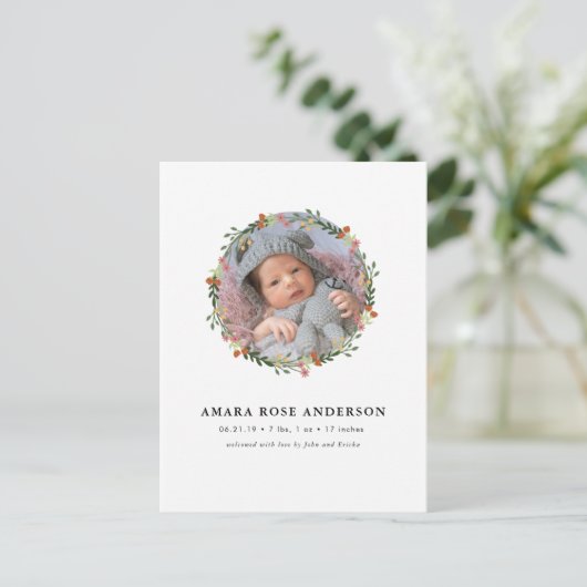 Faire-part de naissance avec couronne florale mode (Debout devant)