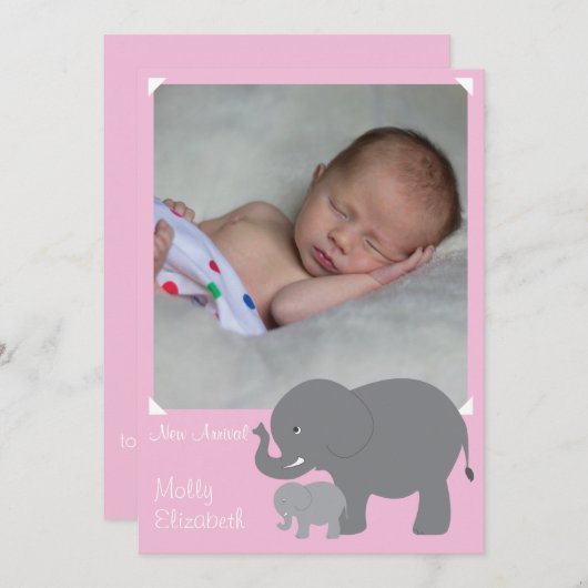 Faire-part de naissance avec éléphants (Devant / Derrière)
