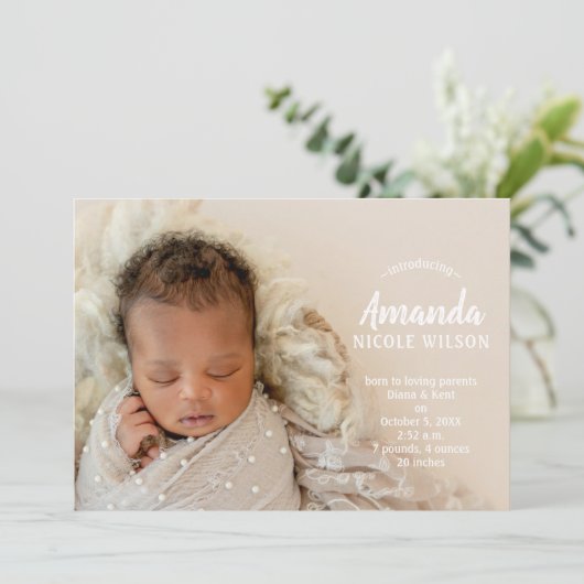 Faire-part de naissance avec photo de bébé doux (Debout devant)