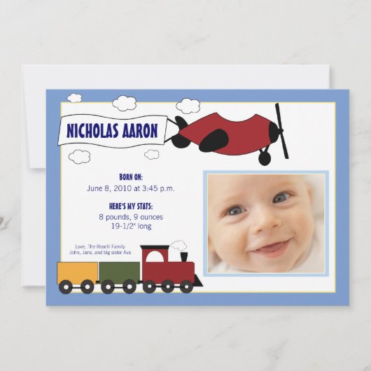 Faire-part de naissance Avions et Trains (bleu per (Devant)