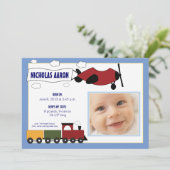 Faire-part de naissance Avions et Trains (bleu per (Debout devant)