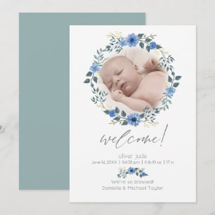 Faire-part de naissance bébé Aquarelle Bleu Flor