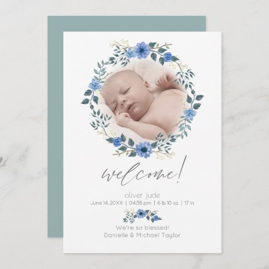 Faire-part de naissance bébé | Aquarelle Bleu Flor (Devant / Derrière)