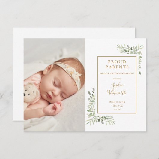 Faire-part de naissance bébé aquarelle verdure  (Devant / Derrière)